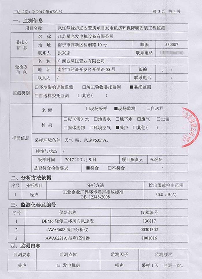 鳳江綠緣發(fā)電機(jī)房噪聲監(jiān)測(cè)報(bào)告